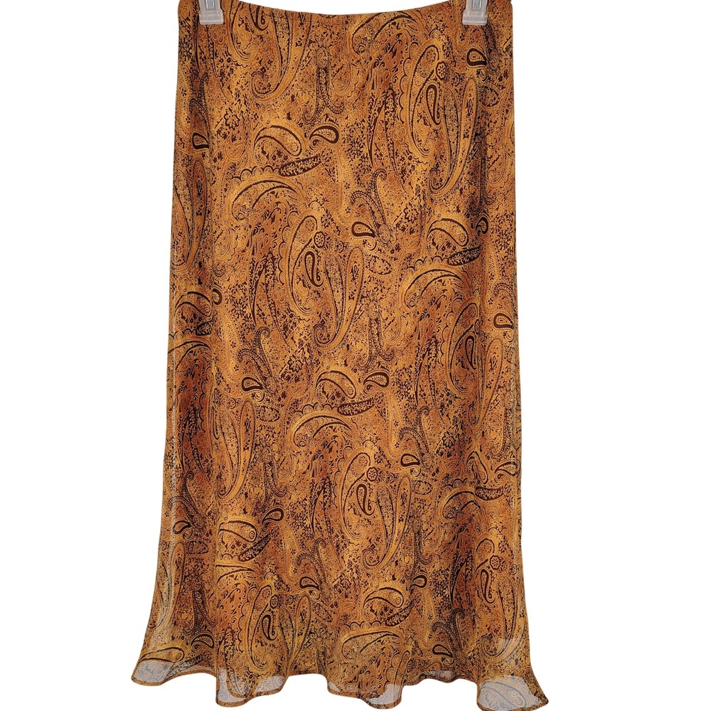 K & Company Womens SZ 12 Paisley Midi Skirt Brown Chiffon Boho Whimsigoth
